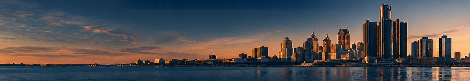 The Detroit skyline across the river at dusk